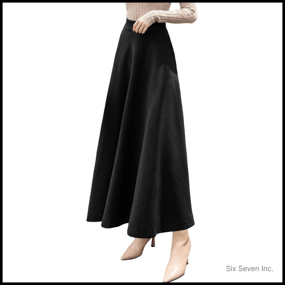 Wool Blend Maxi Skirt A-Line Swing Pleated Elegant Chic Fall Winter